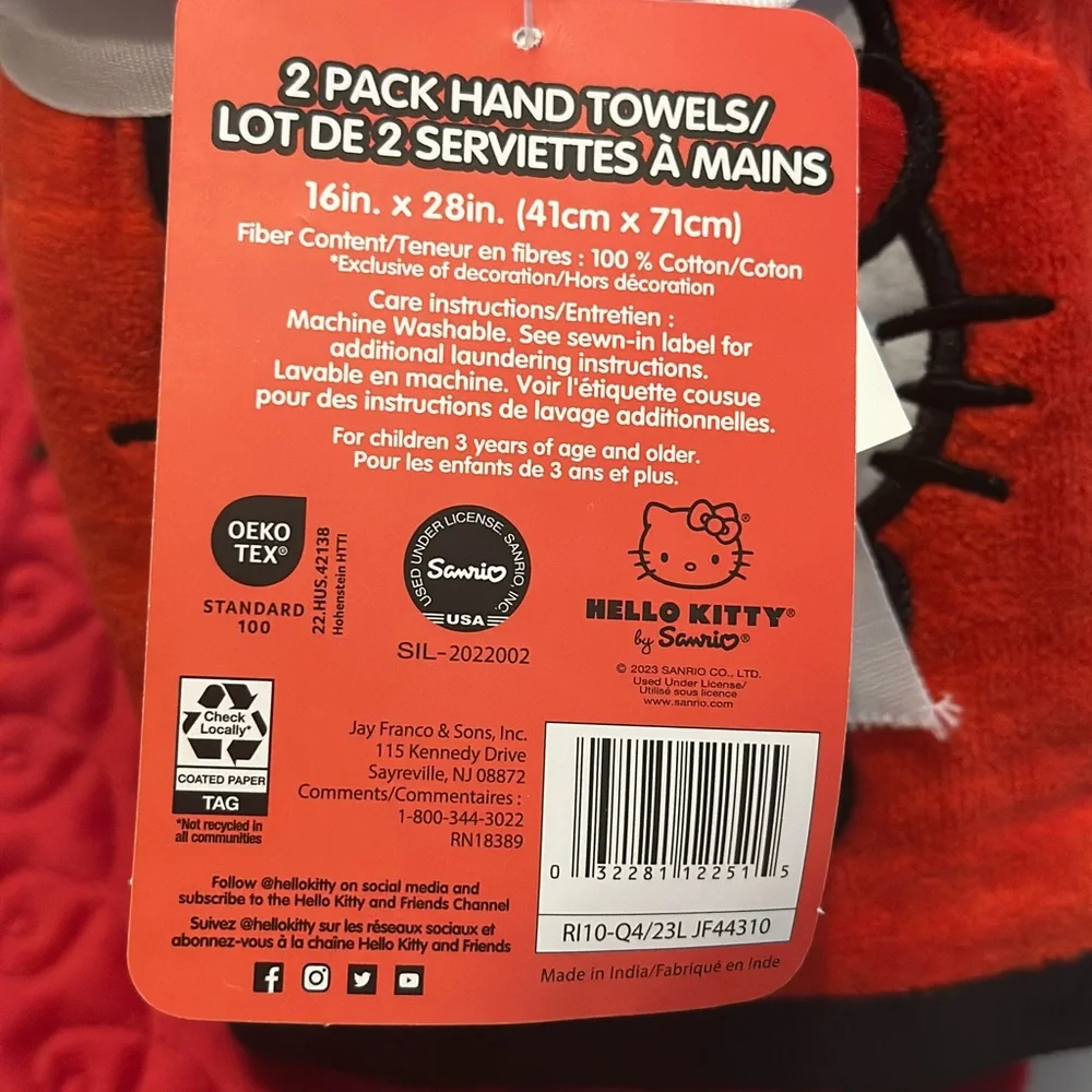 One‎ Set of 2 Hello Kitty Red Envelope Valentines Hand Towels New Sanrio